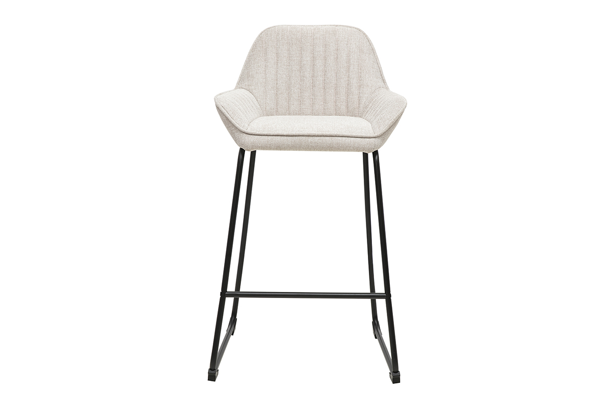 Barhocker aus Stoff in beigem Samteffekt und schwarzem Metall, Frontansicht, H68 cm.