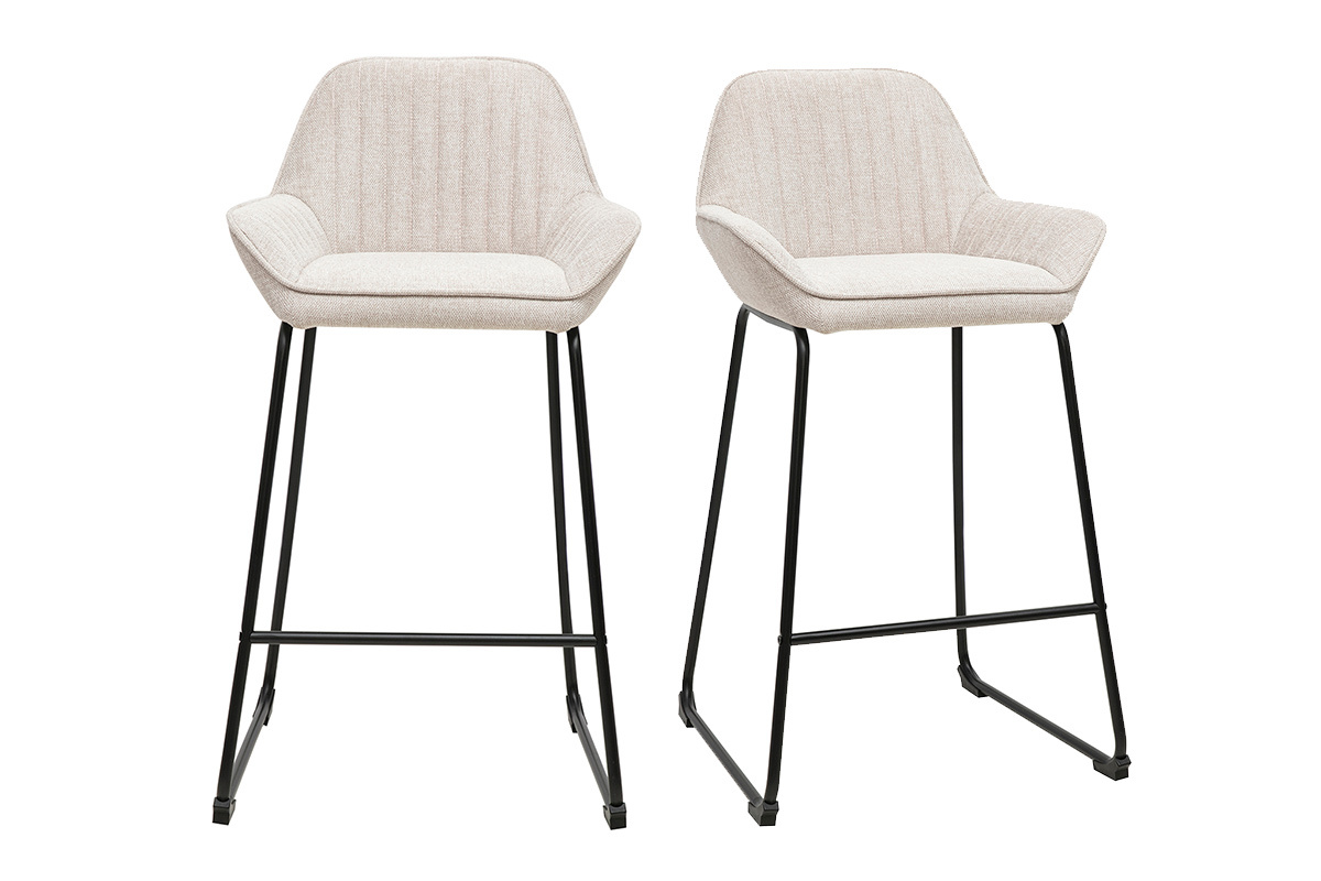 Barhocker RONNIE aus beigefarbenem Stoff und schwarzem Metall, Frontansicht, 2er-Set, H�he 68 cm