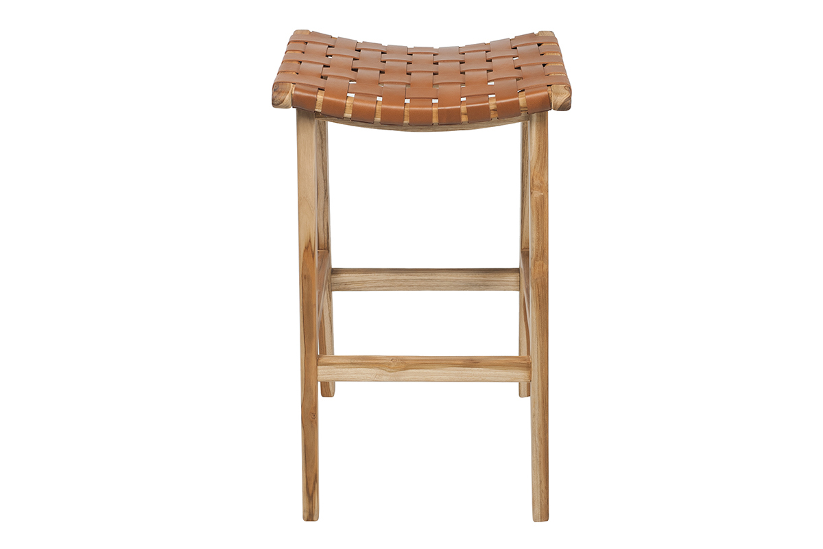 Barhocker aus Teakholz und Leder H 65 cm LODGE