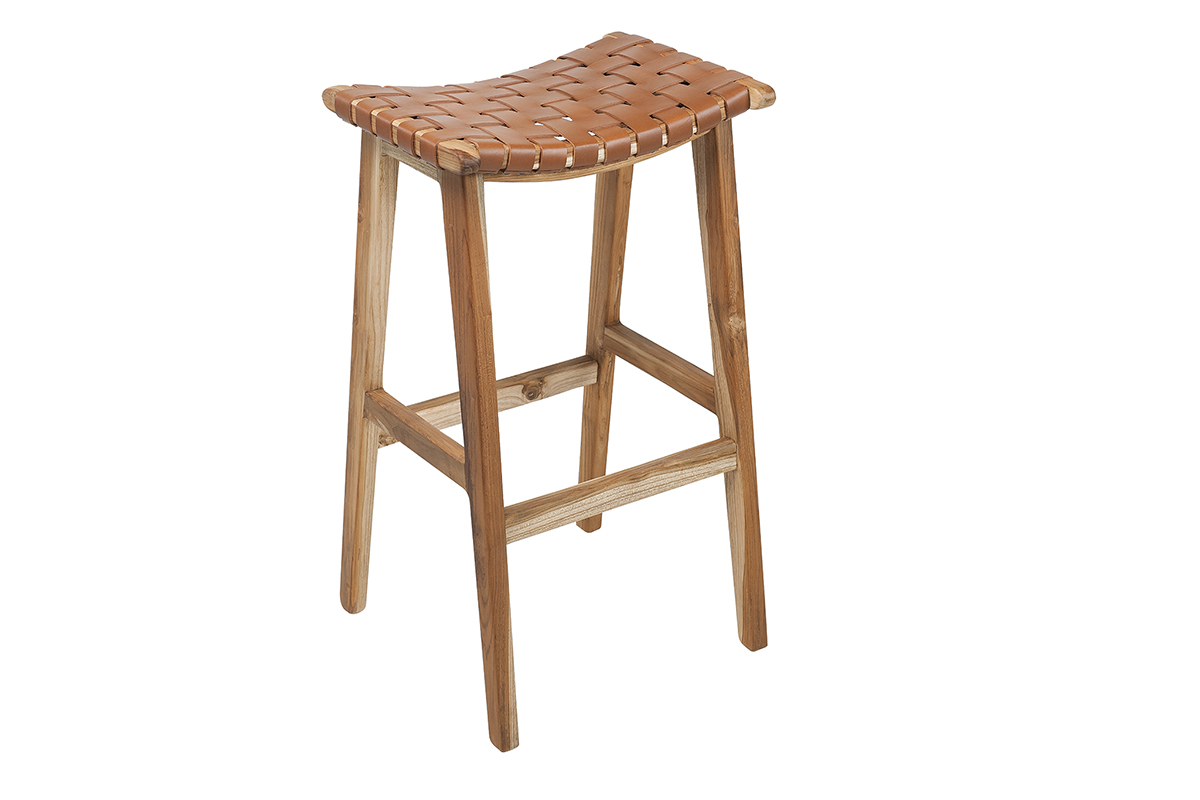 Barhocker aus Teakholz und Leder H 65 cm LODGE