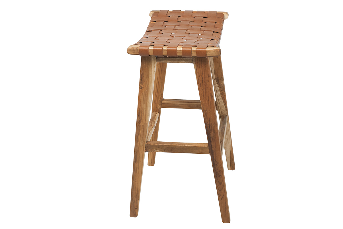 Barhocker aus Teakholz und Leder H 65 cm LODGE