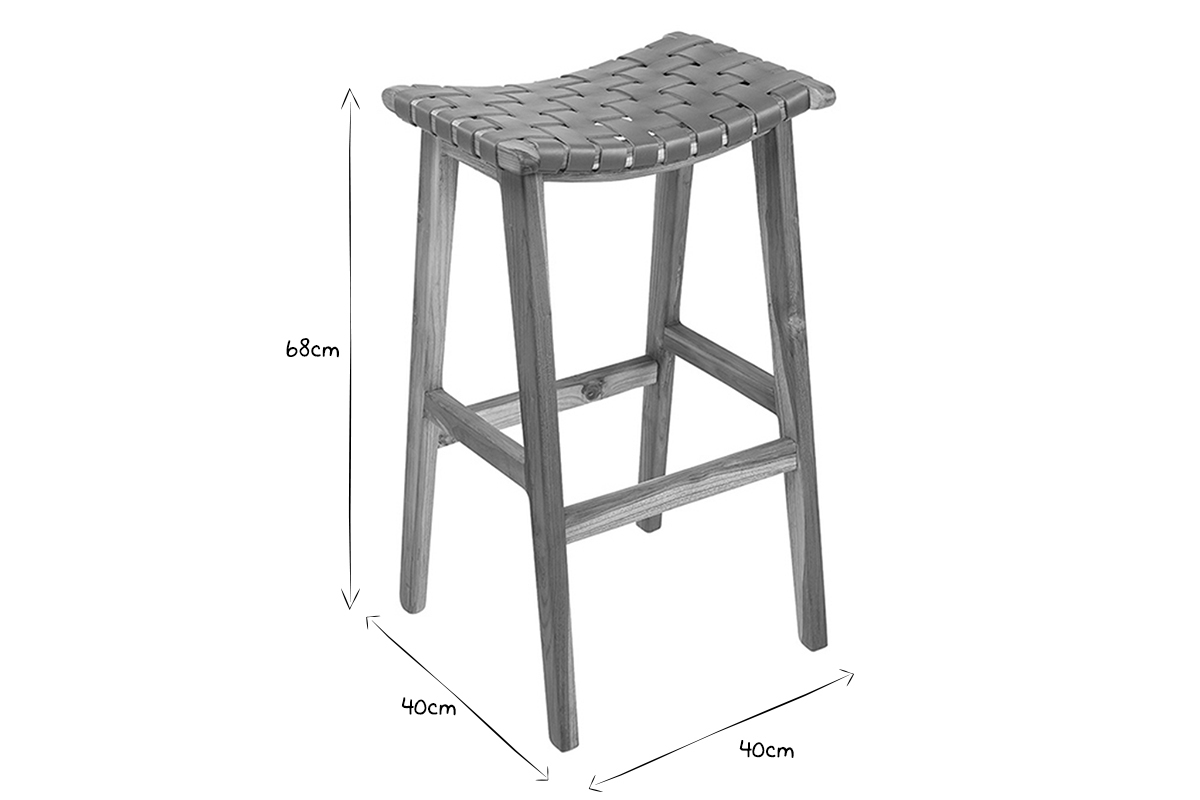 Barhocker aus Teakholz und Leder H 65 cm LODGE