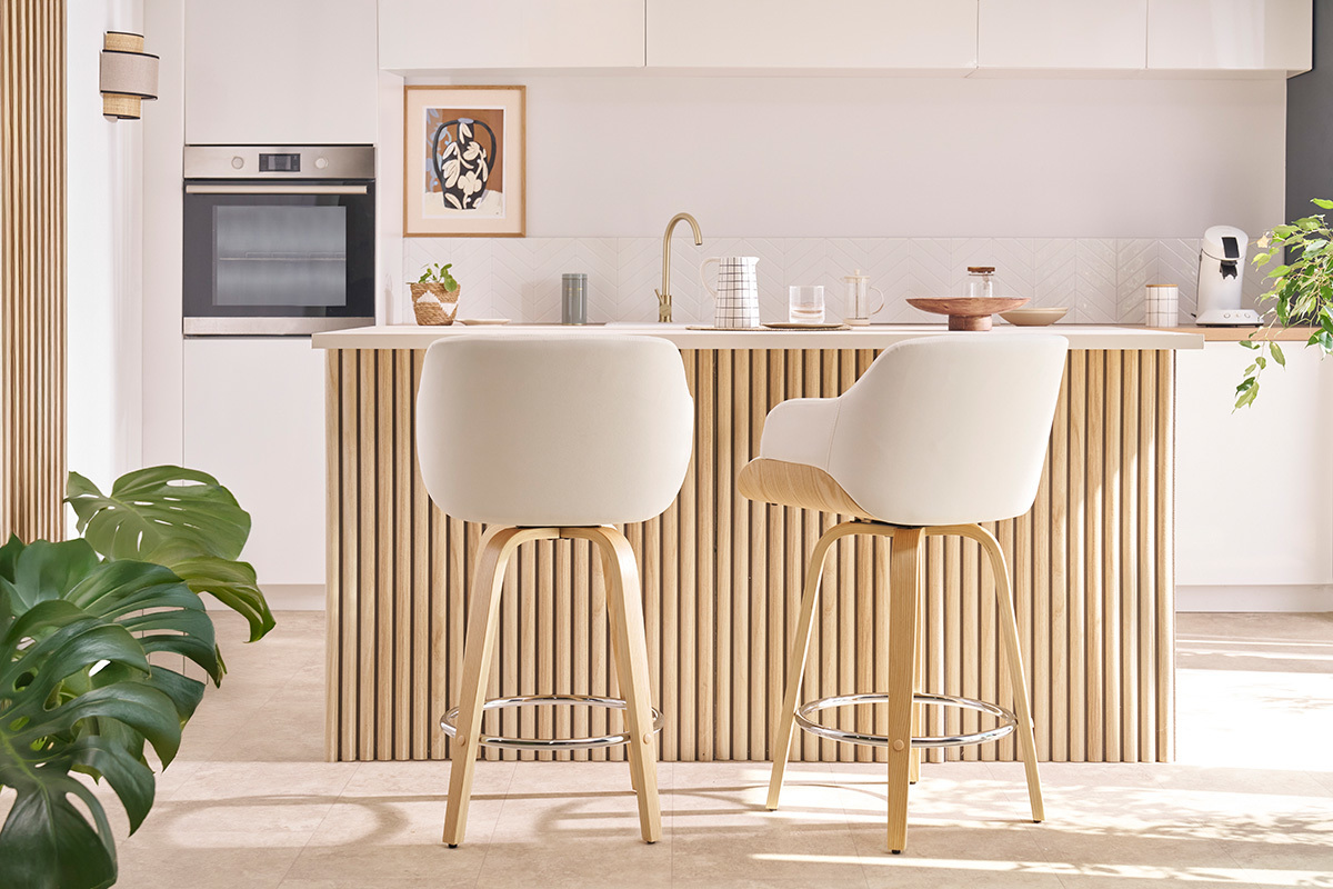 Barhocker Design Drehbar 360� Wei� und Hellholz H65 cm LUCIEN