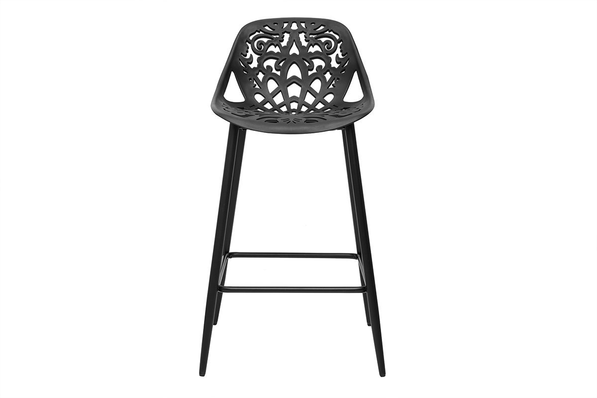 Schwarzer Barhocker mit barockem Muster, Vorderansicht.