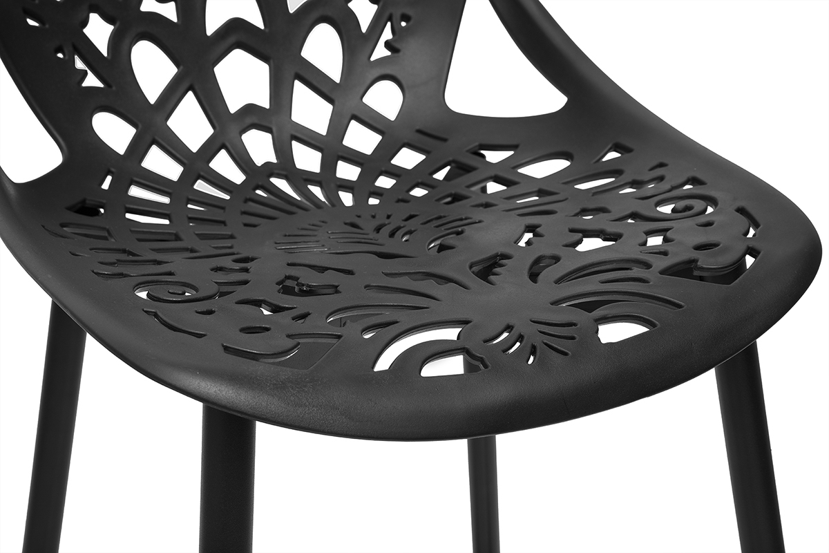 Zoom Barhocker schwarz mit durchbrochenem barockem Muster.