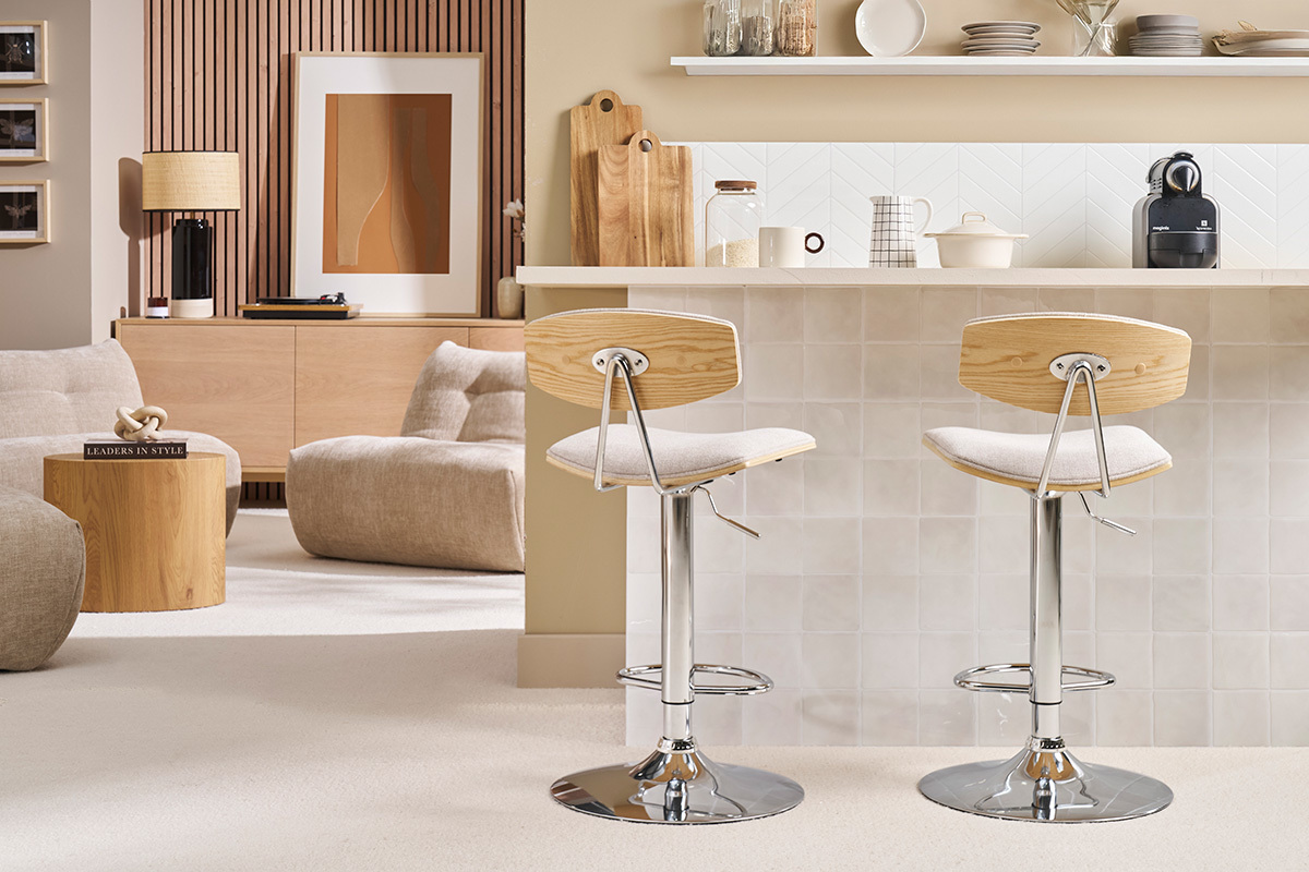 Barhocker-Design, verstellbar, Textur Beige Samtstoff und Metall (2er Set) VASCO