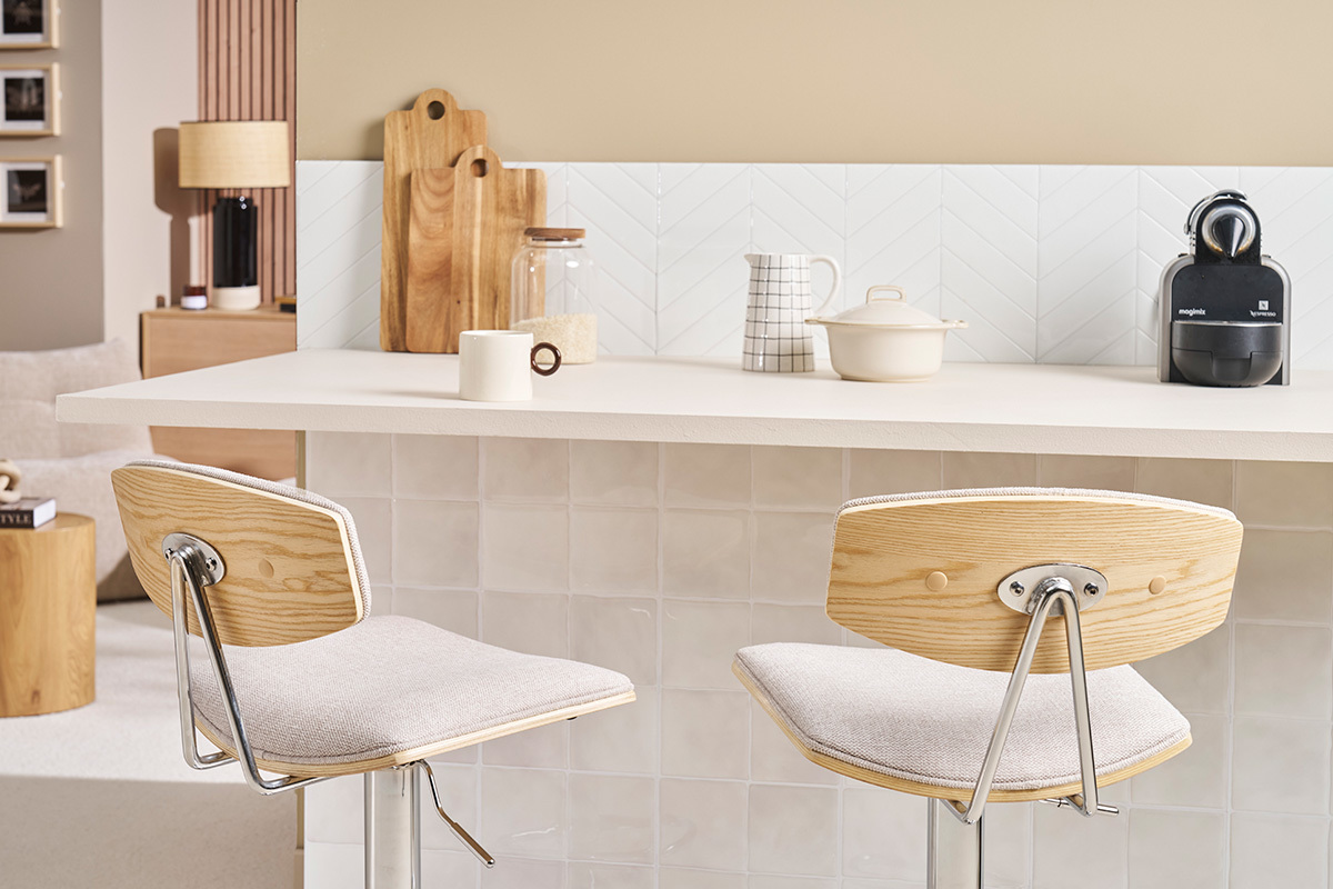 Barhocker-Design, verstellbar, Textur Beige Samtstoff und Metall (2er Set) VASCO