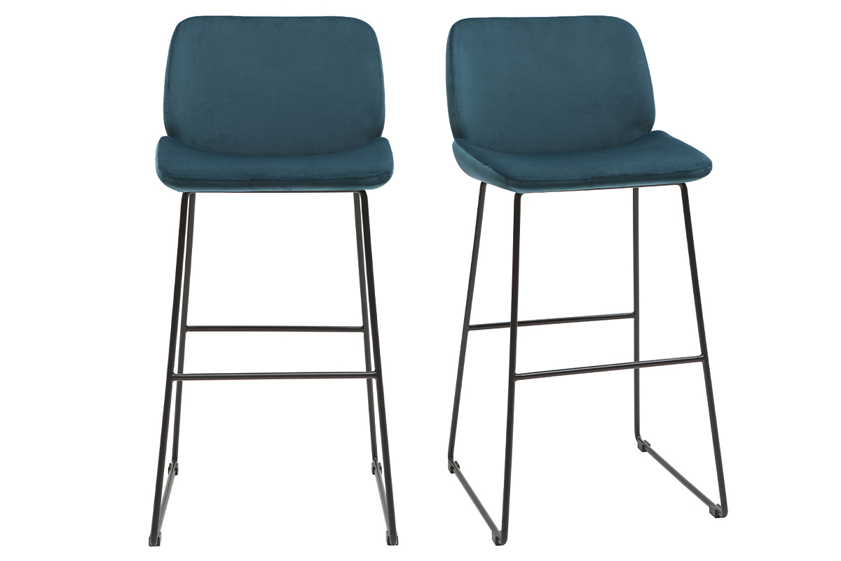 Barhocker entenblauer Samt und Beine aus schwarzem Metall 65cm (2er-Set) KAOLY