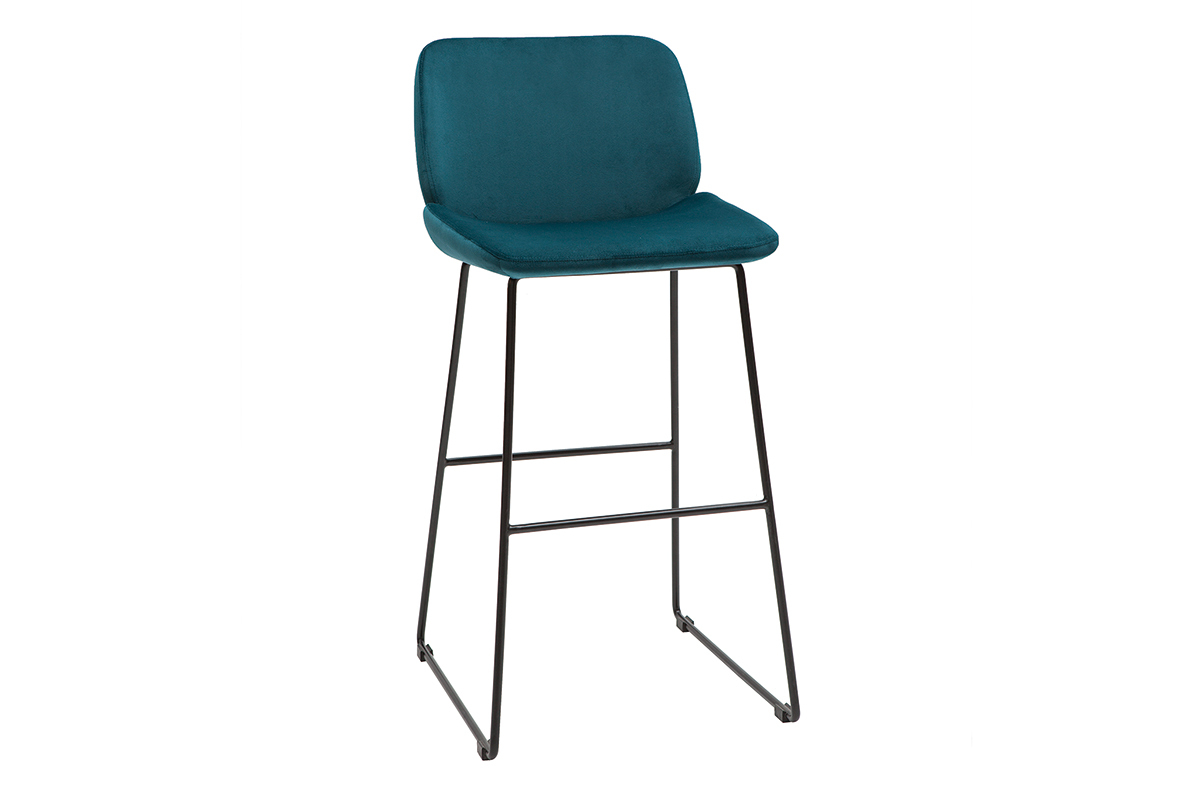 Barhocker entenblauer Samt und Beine aus schwarzem Metall 65cm (2er-Set) KAOLY