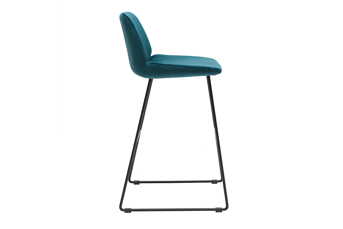 Barhocker entenblauer Samt und Beine aus schwarzem Metall 65cm (2er-Set) KAOLY
