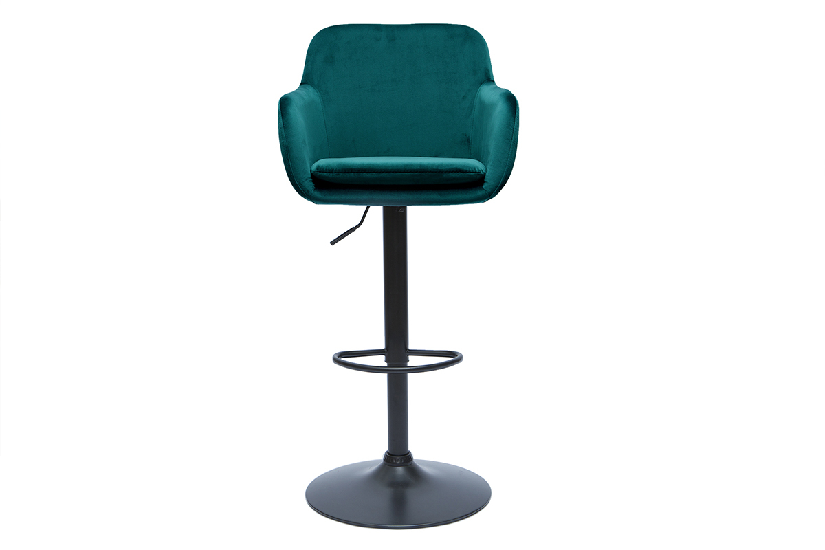 Barhocker aus petrolblauem Samt mit schwarzem Metallfu�, Frontansicht.