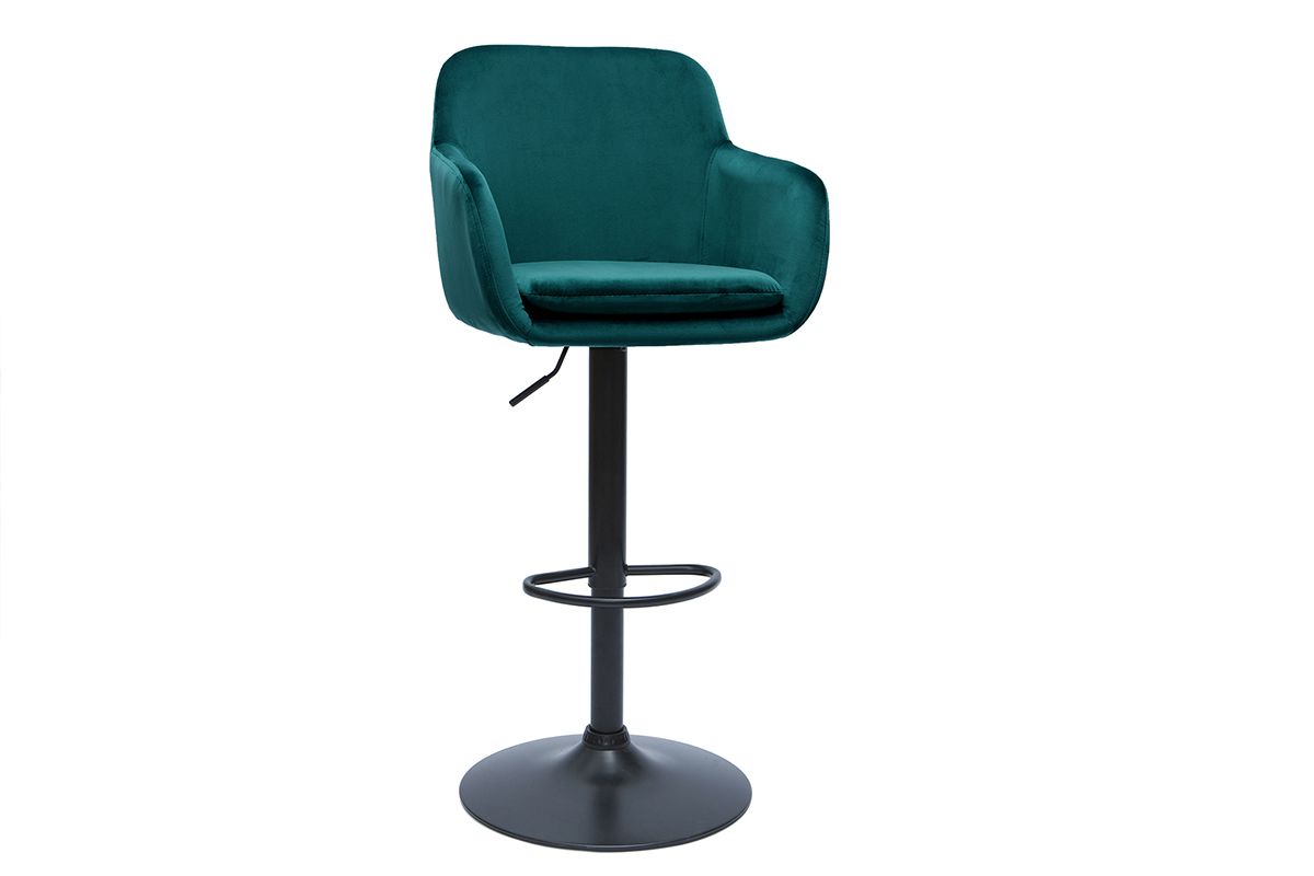 Barhocker aus petrolblauem Samt und schwarzem Metall, Ansicht von 3/4.