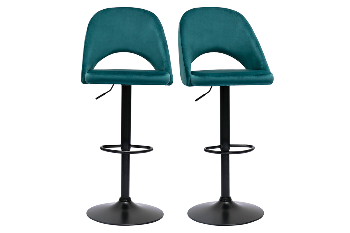 Barhocker hhenverstellbar petrolblauer Samt und schwarzes Metall (2er-Set) COSETTE
