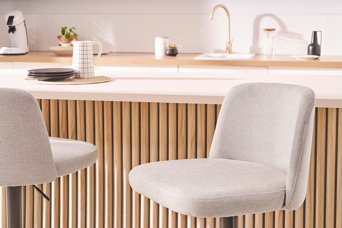 Barhocker hhenverstellbar Stoff mit strukturiertem Samteffekt in Beige und schwarzes Metall (2er-Set) MONTI