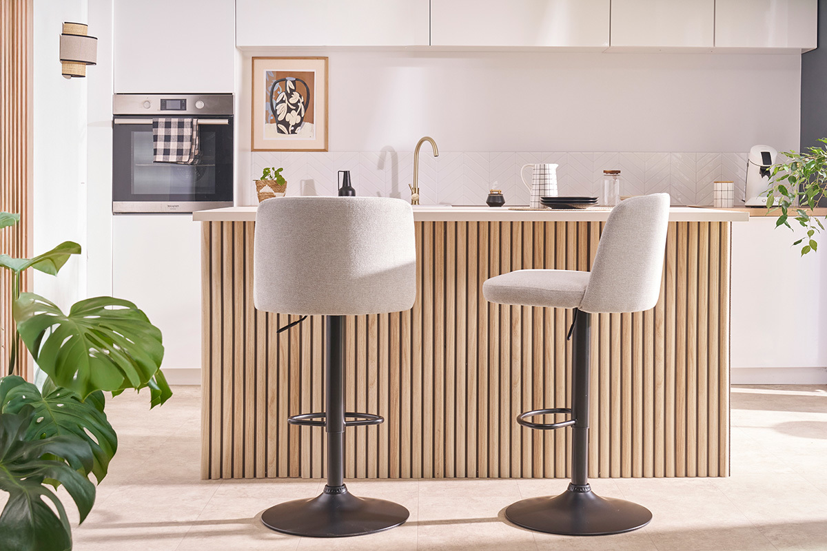 Barhocker hhenverstellbar Stoff mit strukturiertem Samteffekt in Beige und schwarzes Metall (2er-Set) MONTI
