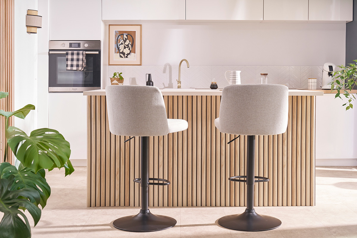 Barhocker hhenverstellbar Stoff mit strukturiertem Samteffekt in Beige und schwarzes Metall (2er-Set) MONTI