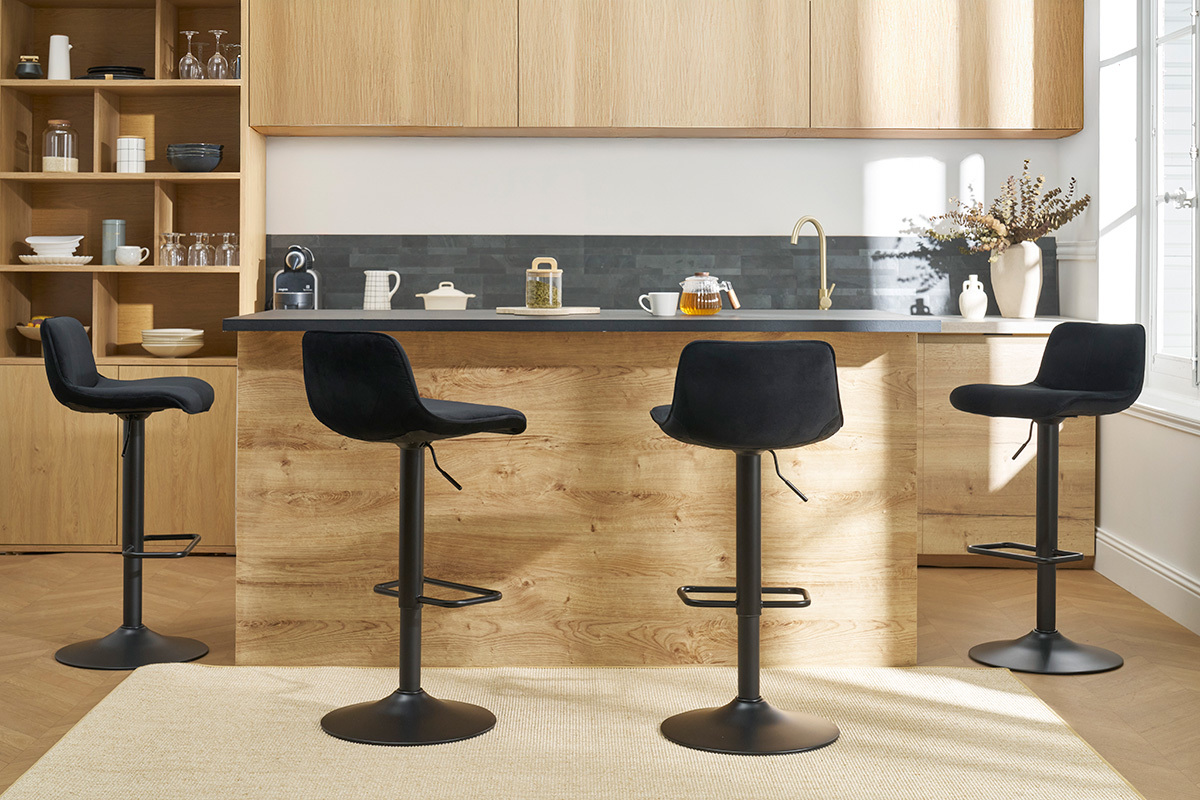 Barhocker hhenverstellbar und um 360 drehbar aus schwarzem Stoff mit Samteffekt und Metall (2er-Set) BOOST