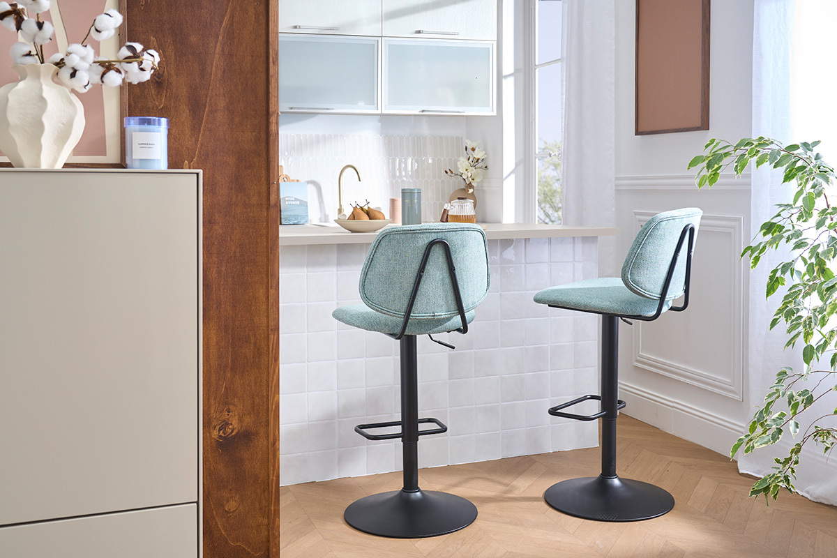 Barhocker im Design-Look mit Stoff in Samtoptik in Zeladongr�n und schwarzes Metall BARNET (2er-Set)