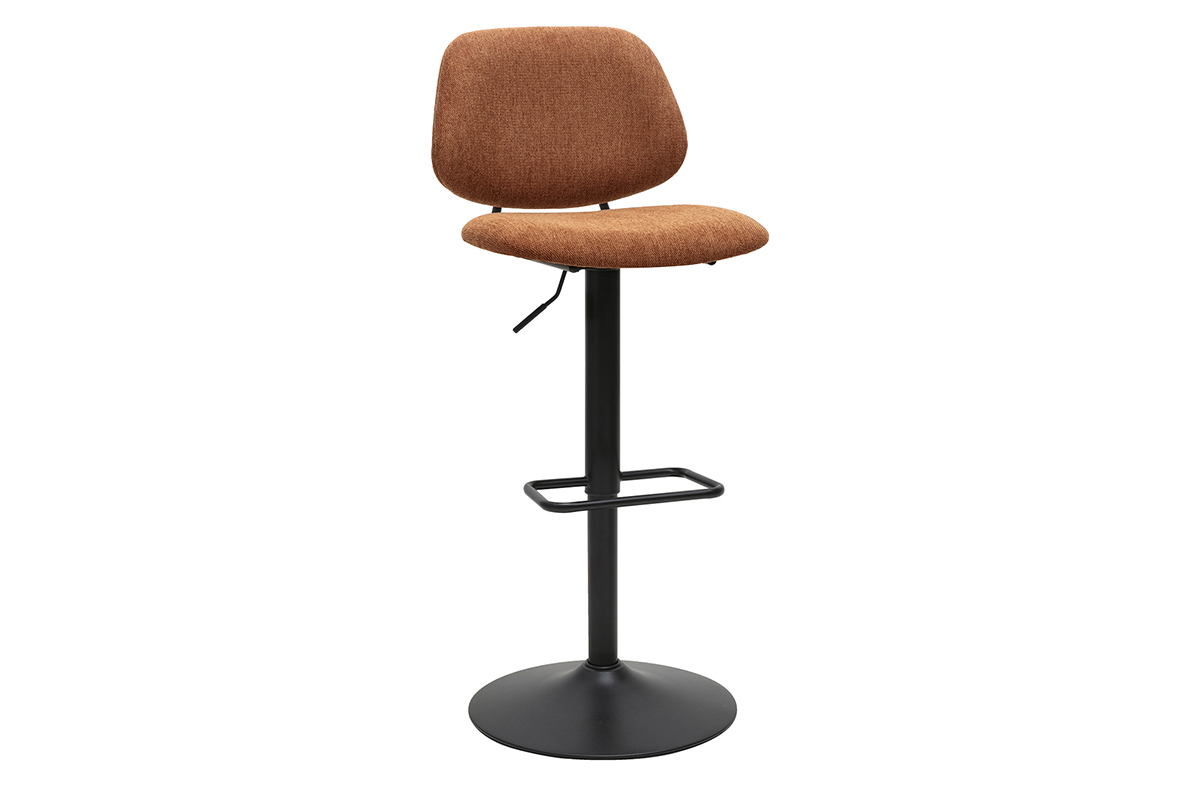 Design-Barhocker aus Stoff in verbrannter Erde-Effekt und schwarzem Metall, Ansicht von 3/4.