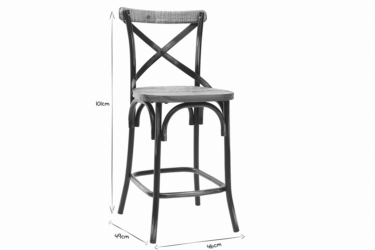 Abmessungen des Industriellen Barhockers JAKE in Schwarz und Wei�, H�he 101 cm, Sitzfl�che 49 cm, Tiefe 46 cm.
