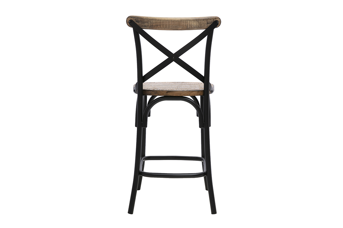 Industrieller Barhocker aus Holz und schwarzem Metall, R�ckansicht, H�he 65 cm.