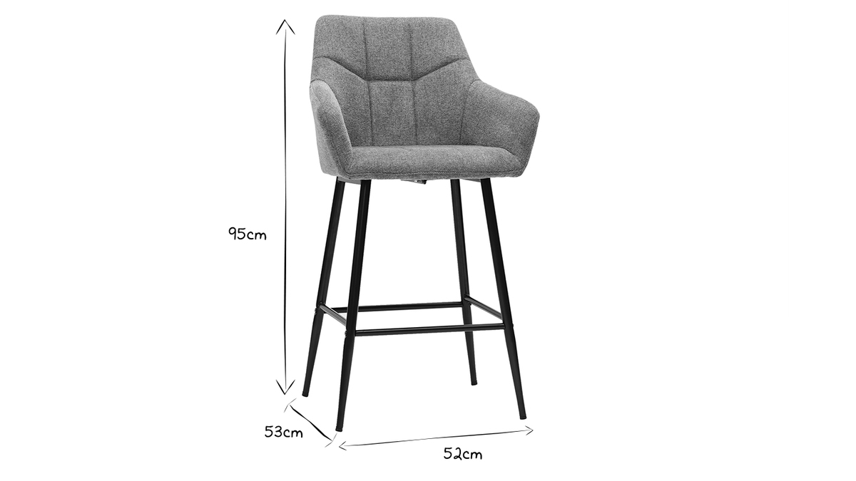 Barhocker mit gepolsterten Sitzen aus Stoff mit Samteffekt, grau meliert, schwarzes Metall H65 cm (2er-Set) MONTERO