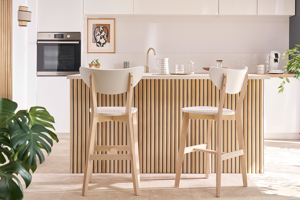 Barhocker skandinavisch Wei und Holz 65cm 2er-Set LEENA
