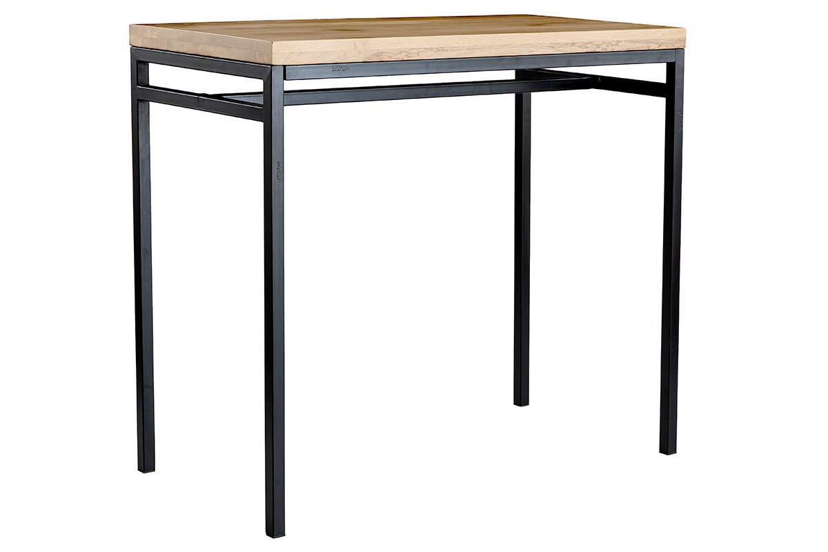 Industrieller Stehtisch aus massivem Mangoholz und schwarzem Metall, 3/4-Ansicht.