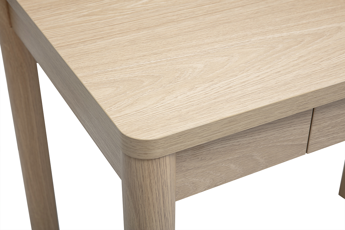 Bartisch IZZIE aus hellem Holz, Seitenansicht mit integriertem Schubfach.
