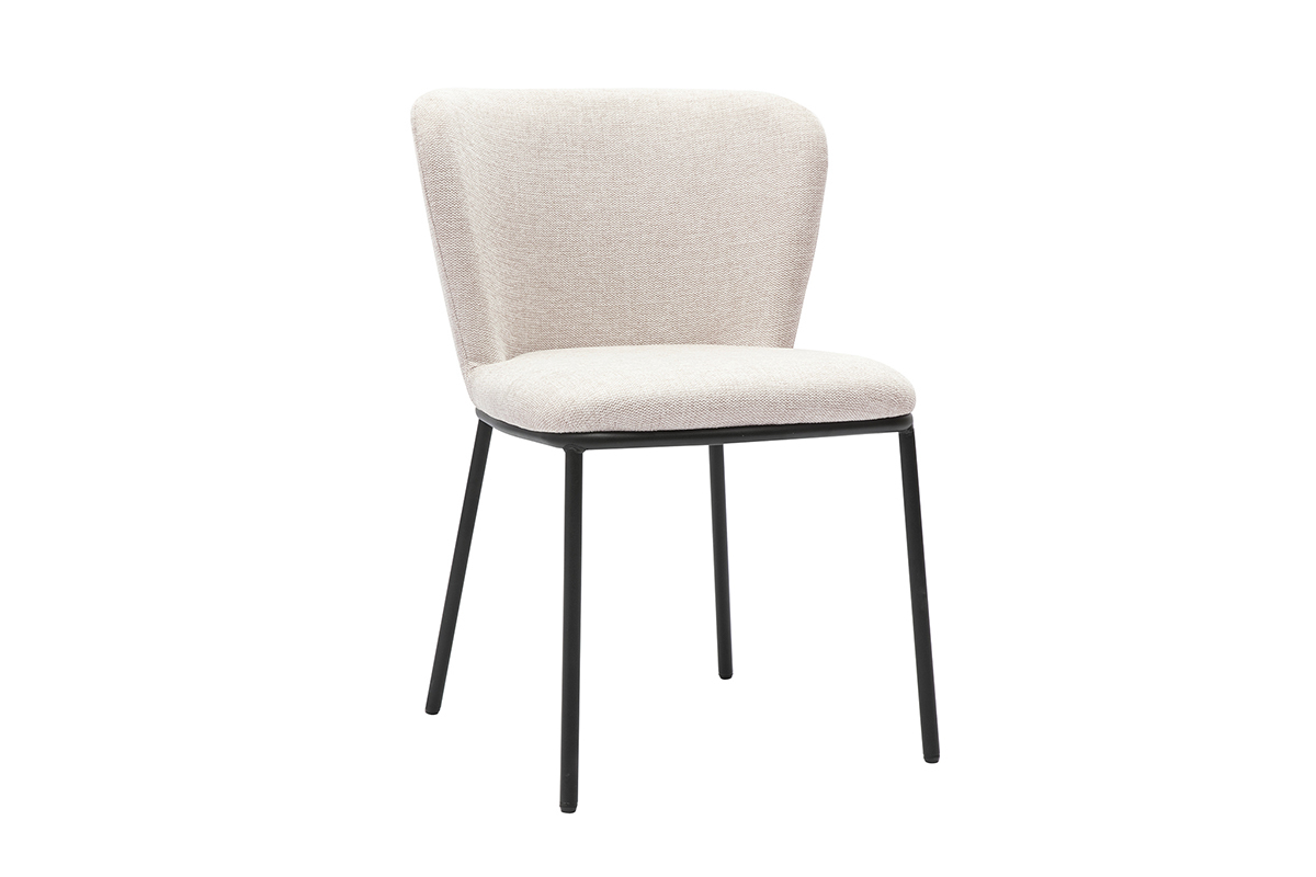 Stuhl aus Stoff mit strukturiertem Samteffekt in Beige, mit schwarzer Metallstruktur, 3/4-Ansicht.