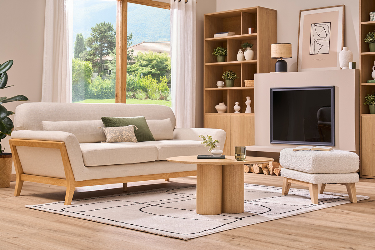 Beigefarbenes skandinavisches 3-Sitzer-Sofa mit Holzbeinen YOKO