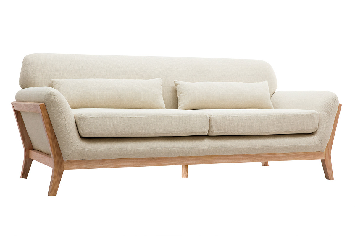 Beigefarbenes skandinavisches 3-Sitzer-Sofa mit Holzbeinen YOKO