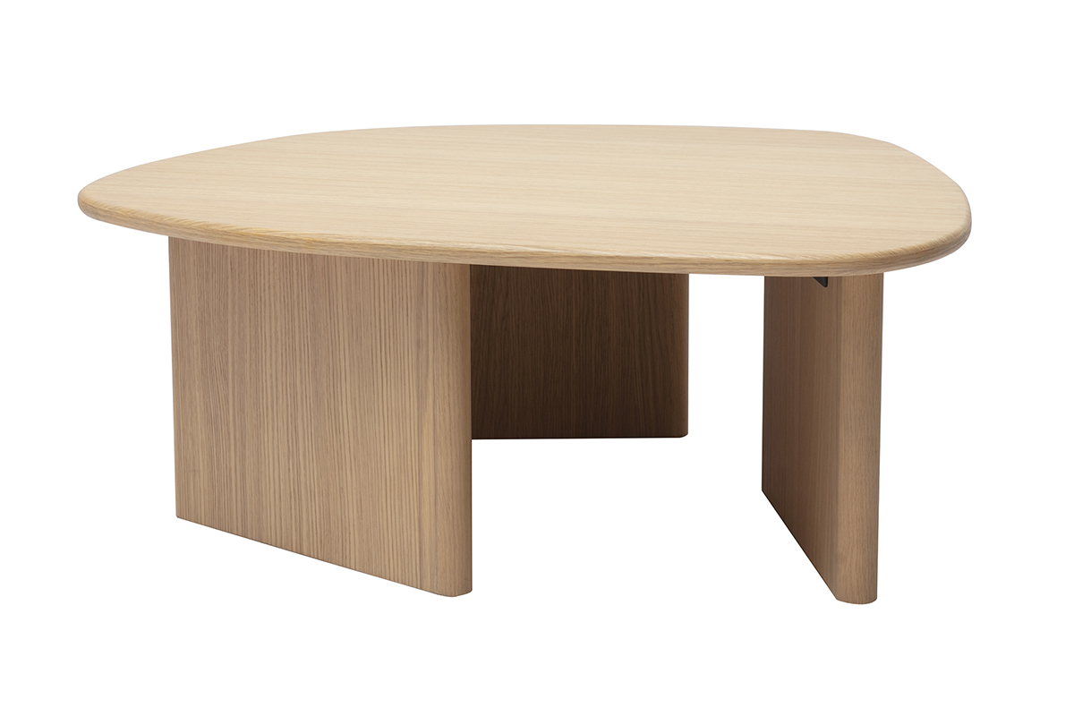 Organischer Couchtisch aus hellem Eichenholz, Frontansicht.