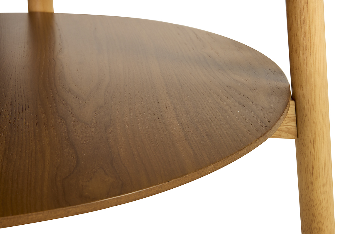 Runder Couchtisch aus hellem Holz, Nahaufnahme von der Platte und den F��en aus Hevea.