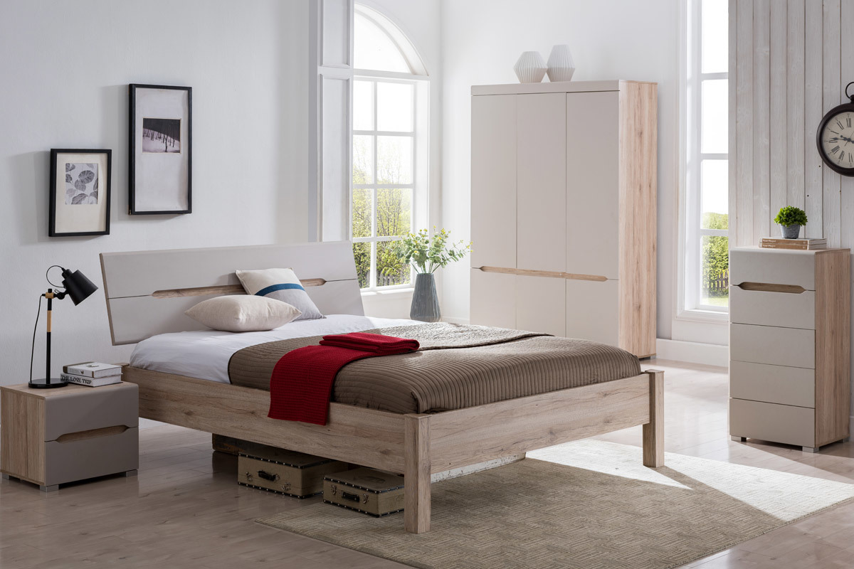 Bett 160x200cm helles Holz und Taupe WILLY