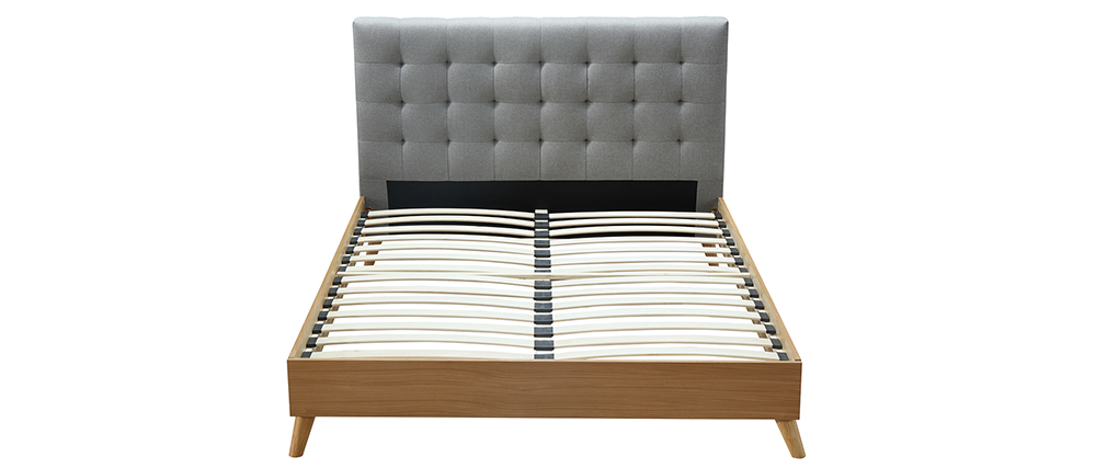 Bett für Erwachsene Skandinavisch Holz und Stoff Grau 140 x 200 cm LYNN