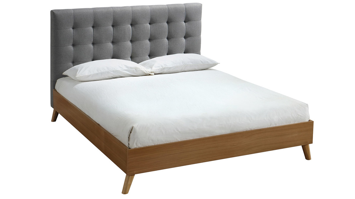 Bett für Erwachsene Skandinavisch Holz und Stoff Grau 140 x 200 cm LYNN