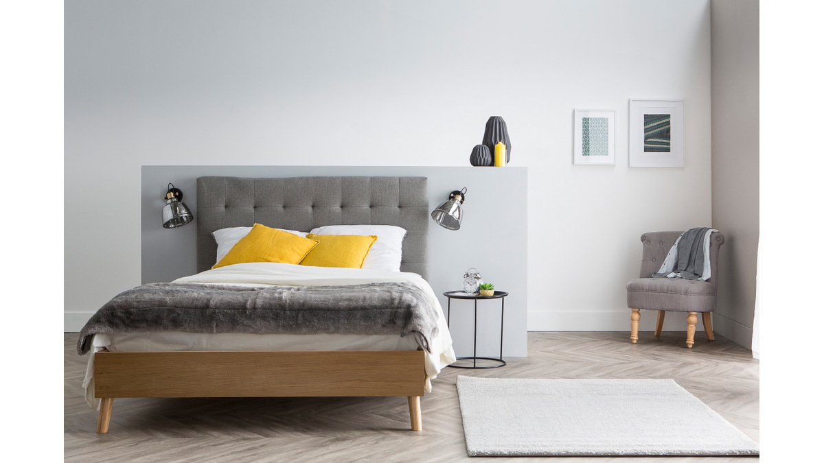 Bett fr Erwachsene Skandinavisch Holz und Stoff Grau 160 x 200 cm LYNN