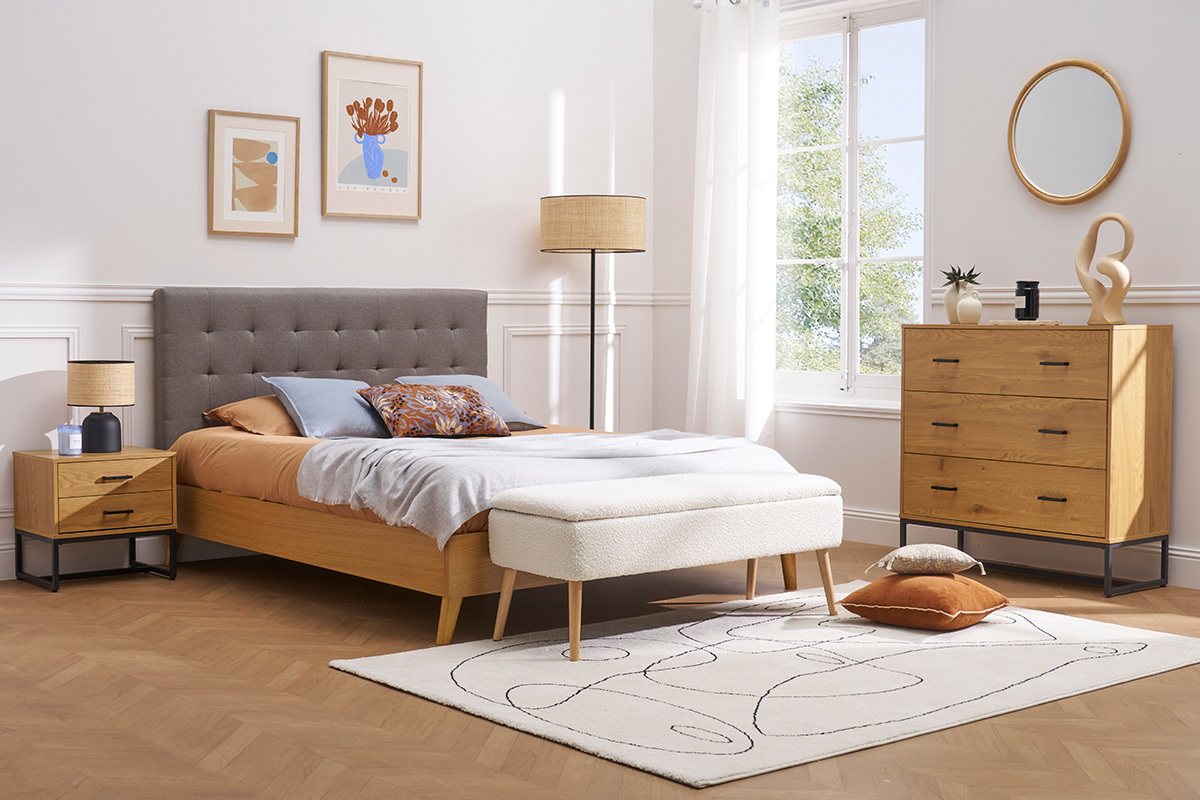 Bett fr Erwachsene Skandinavisch Holz und Stoff Grau 160 x 200 cm LYNN