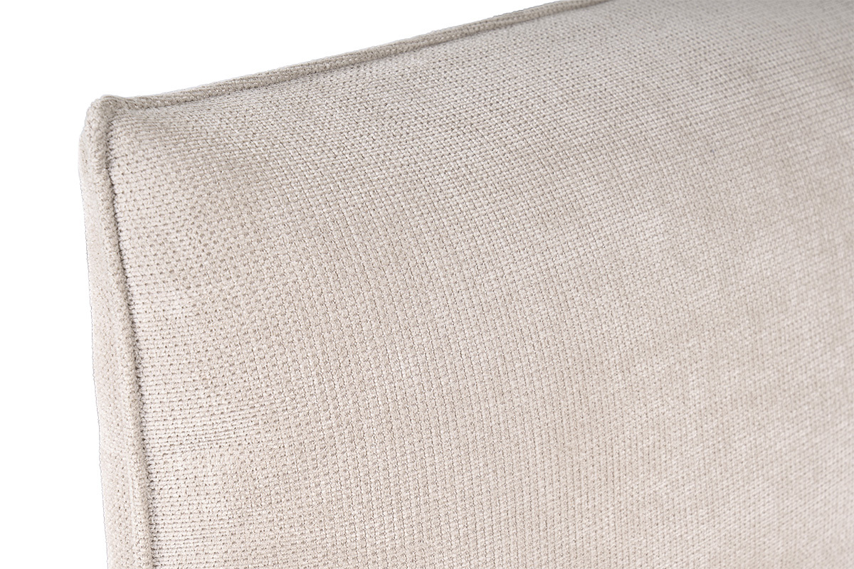 Nahaufnahme des beigen Chenille-Stoffs des VIGO-Bettgestells.