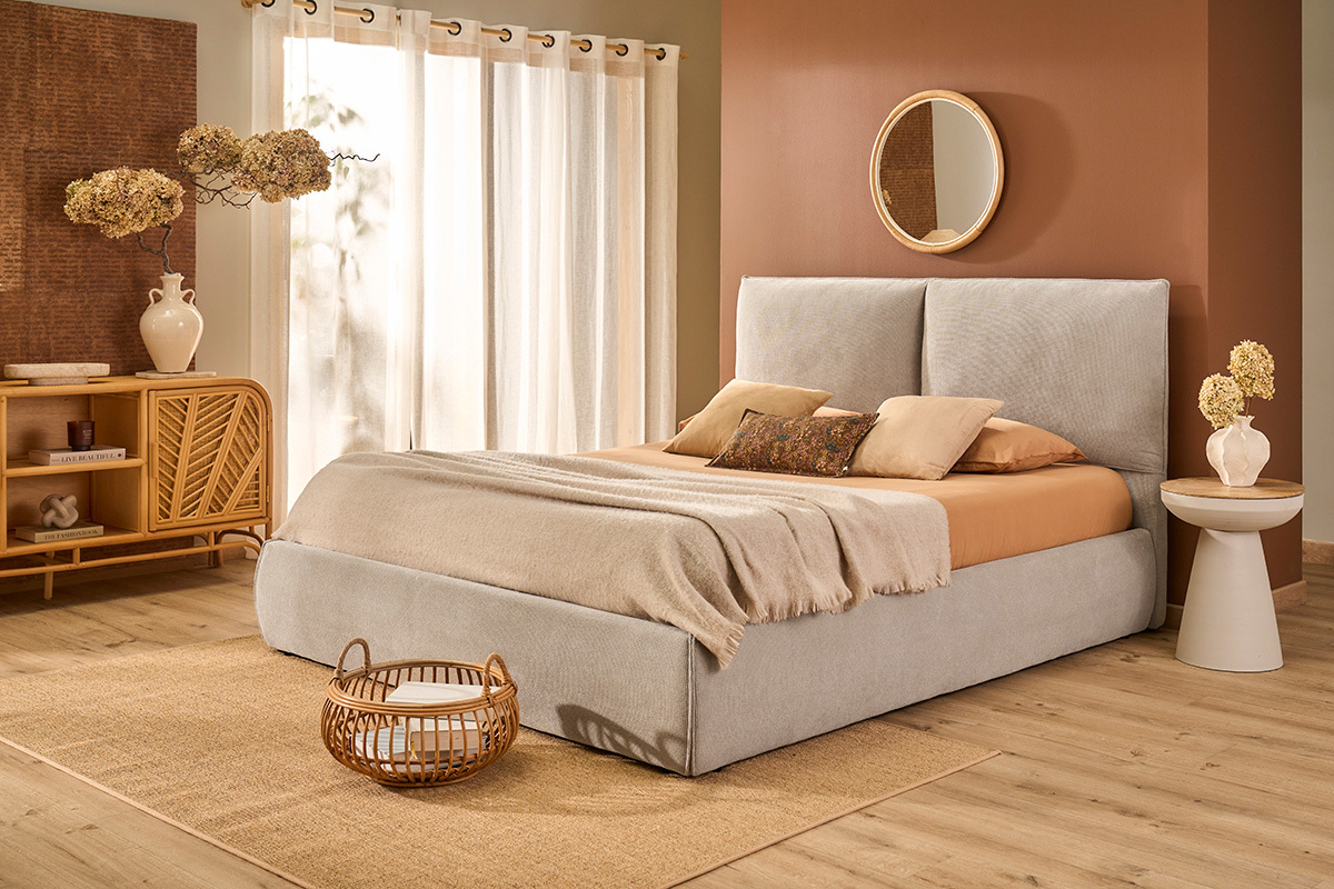 Bett mit Bettkasten 2 Pl�tze 160x200 cm in beige Chenille-Stoff VIGO