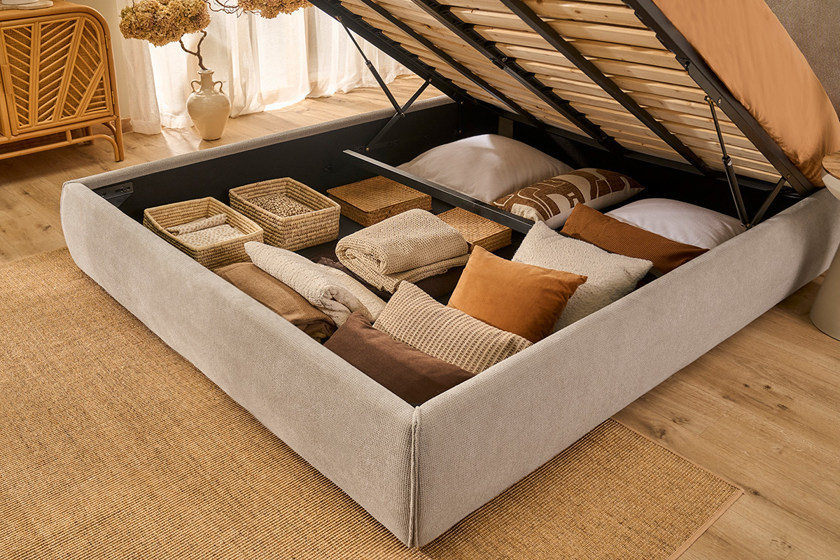 Bett mit Bettkasten 2 Pl�tze 160x200 cm in beige Chenille-Stoff VIGO