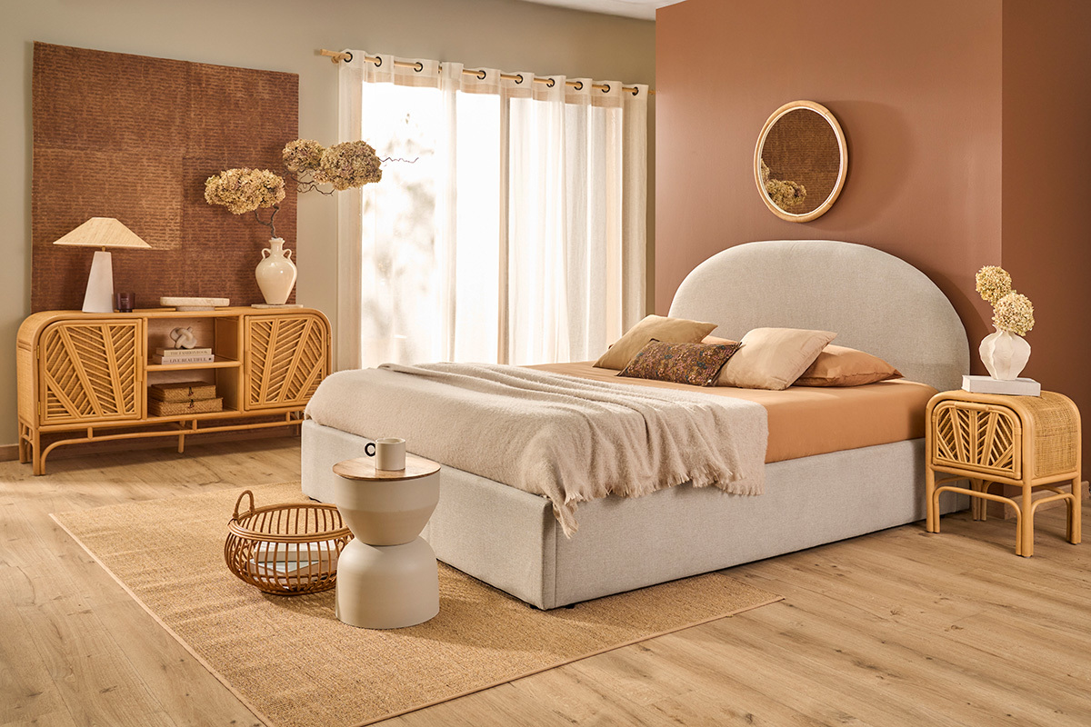 Bett mit Bettkasten Doppelbett 160x200 cm in Beige Stoff OREN