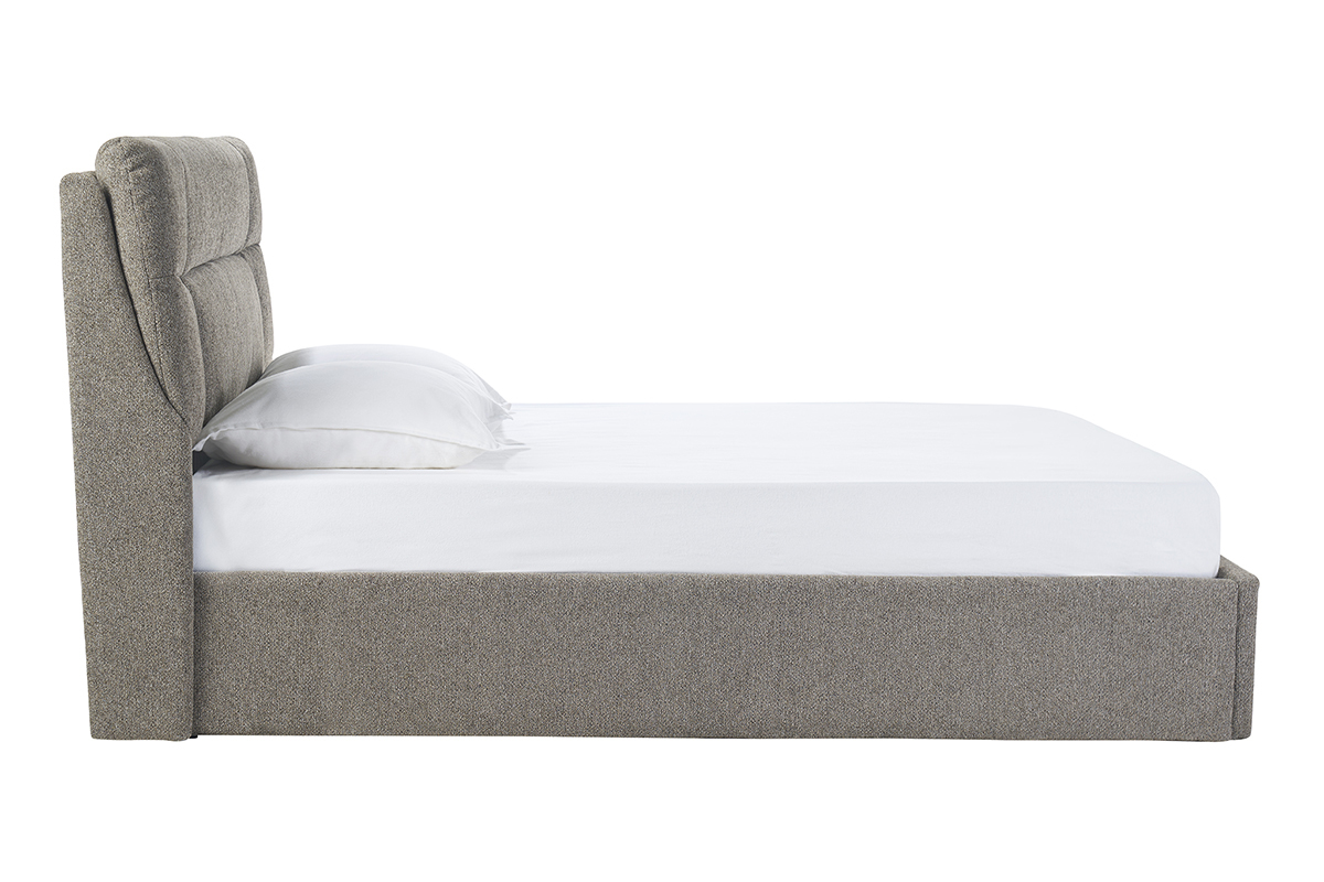 Bett mit Stauraum 2 Pltzen 160x200 cm in Taupe, Seitenansicht, mit gepolstertem Kopfteil und Kissen.
