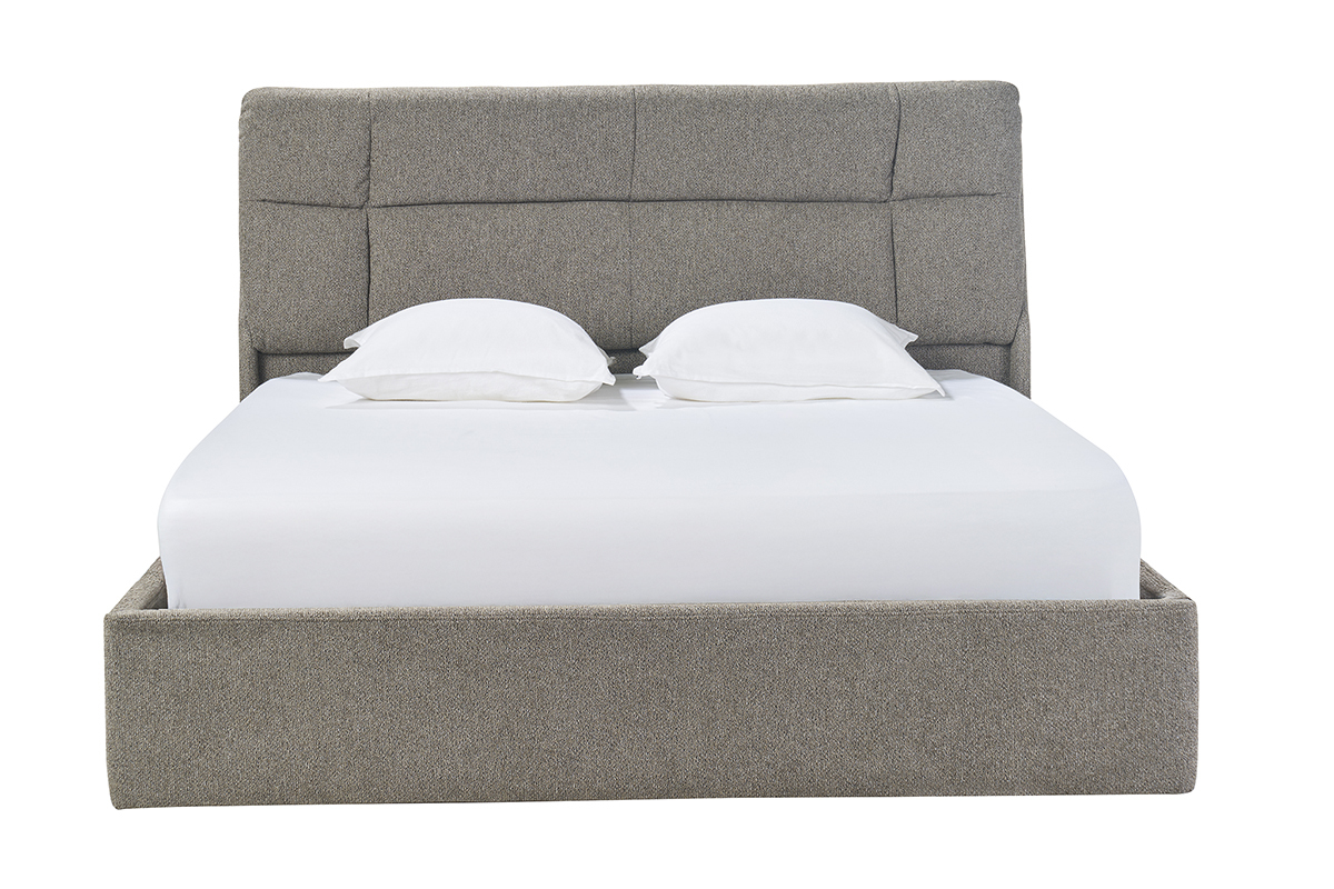 Doppelbett Truhe 160x200 cm taupe HONO mit gepolstertem Kopfteil, Frontansicht.