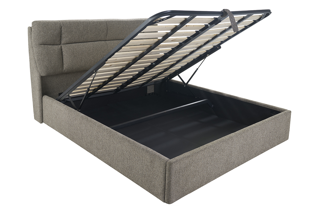 HONO Bett taupe 160x200 cm mit offenem Stauraum, strukturierter Stoff.