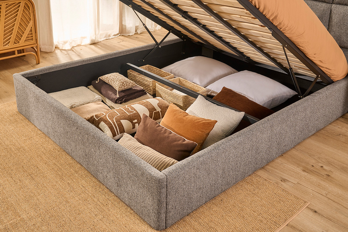 Bett mit Stauraum 2 Personen 160x200 cm in texturiertem Stoff taupe HONO