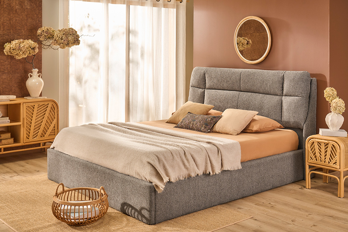 Bett mit Stauraum 2 Personen 160x200 cm in texturiertem Stoff taupe HONO