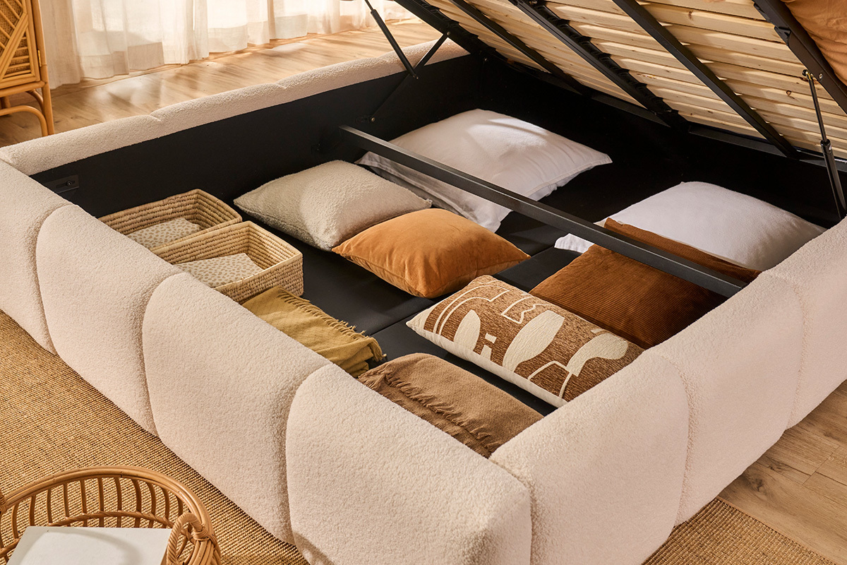 Bett mit Stauraum, Doppelbett 160x200 cm in Boucl�-Wollstoff MOTTO