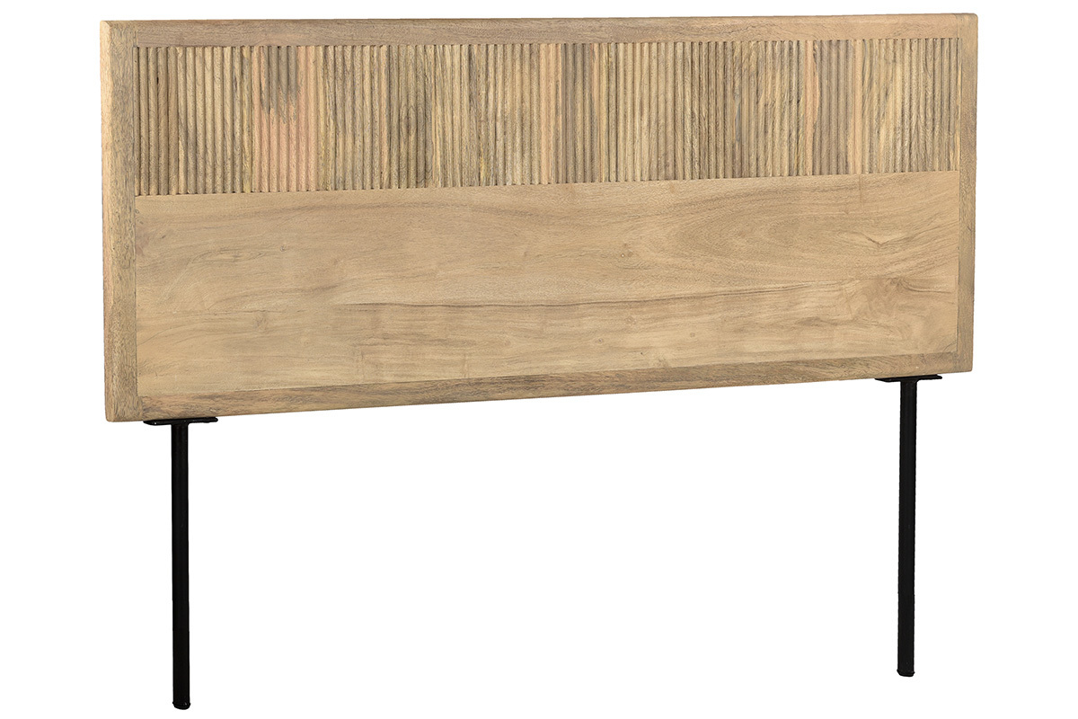 Bettkopfteil aus massivem Mangoholz mit Gravuren und schwarzem Metall B160 cm MORISSON
